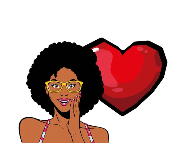 Retro negro afro mujer de dibujos animados con gafas y diseño de vectores de corazón — Vector de stock