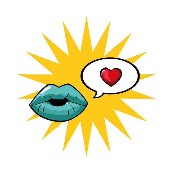 Bouche pop art féminine et bleue avec bulle d'explosion et design vectoriel coeur — Image vectorielle