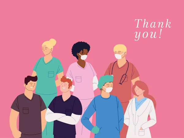 Women and men doctors with uniforms and thank you text vector design — Stock Vector