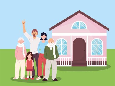 Ana baba ve kızı, büyükbabaları ve büyükbabaları vektör tasarımının önünde çizgi film çiziyorlar.