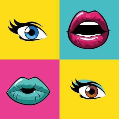 kadın pop sanat ağızları ve çerçeve tasarımı içindeki gözler