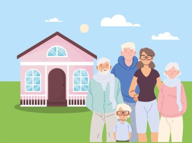 Anne baba ve oğul, büyükbaba ve büyükbaba çizgi filmlerini ev vektör tasarımının önünde gösteriyorlar.