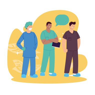 Üniformalı erkekler yapraklı ve kabarcık vektör tasarımlı