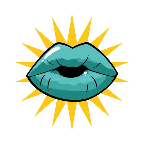 Γυναικείο και μπλε στόμα pop art με σχεδιασμό διάνυσμα έκρηξη — Διανυσματικό Αρχείο