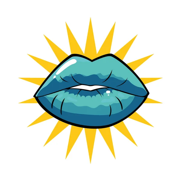 Boca de arte pop feminino e azul com design de vetor de explosão —  Vetores de Stock