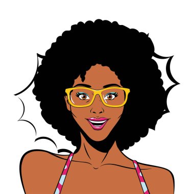 Retro siyah afro kadın çizgi film gözlükleri ve patlama vektör tasarımı ile