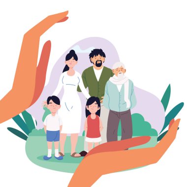 Anne, baba, kız ve oğul. Büyükbaba, el ve vektör tasarımları arasında çizgi film çiziyor.