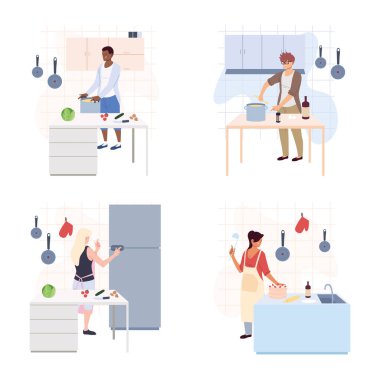 Bir grup insan beyaz arka planda yemek pişiriyor.