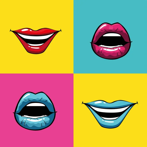 Samice pop art ústa a oči uvnitř snímků vektorový design — Stockový vektor
