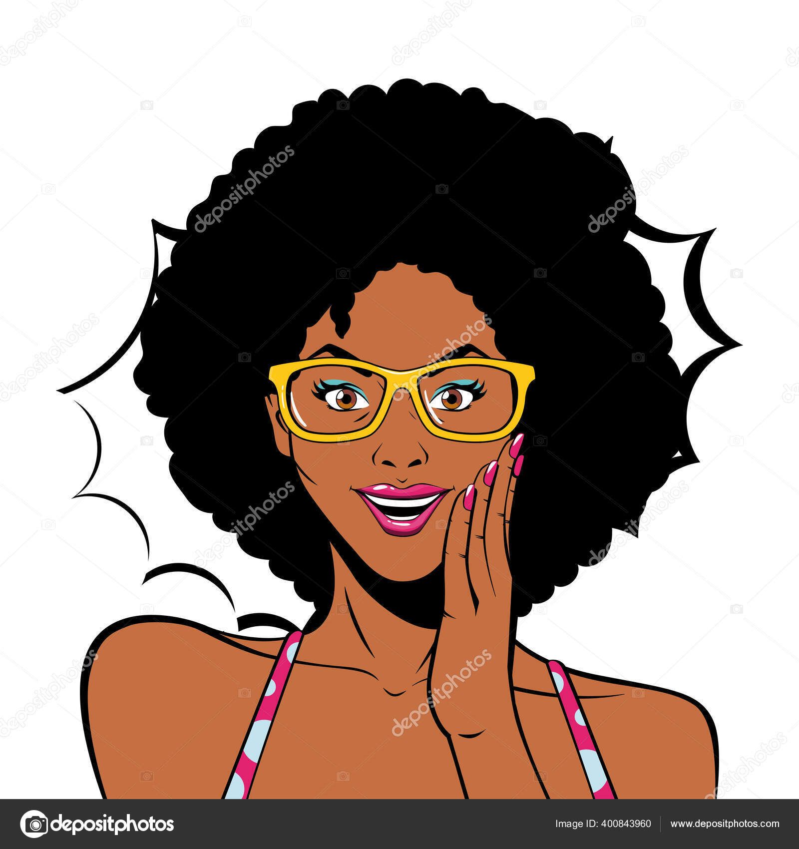 Dibujos animados retro negro afro mujer con gafas y diseño de