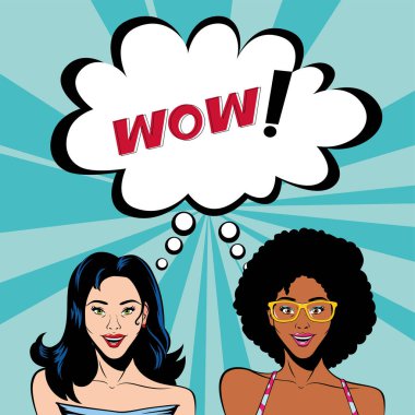 Retro afro ve siyah saçlı kadın karikatürleri.