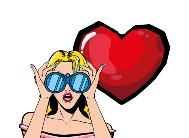 Dürbünü ve kalp vektör tasarımlı retro sarışın kadın çizgi filmi