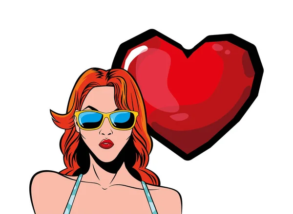 Retro rojo pelo mujer dibujos animados con gafas y corazón vector diseño — Vector de stock