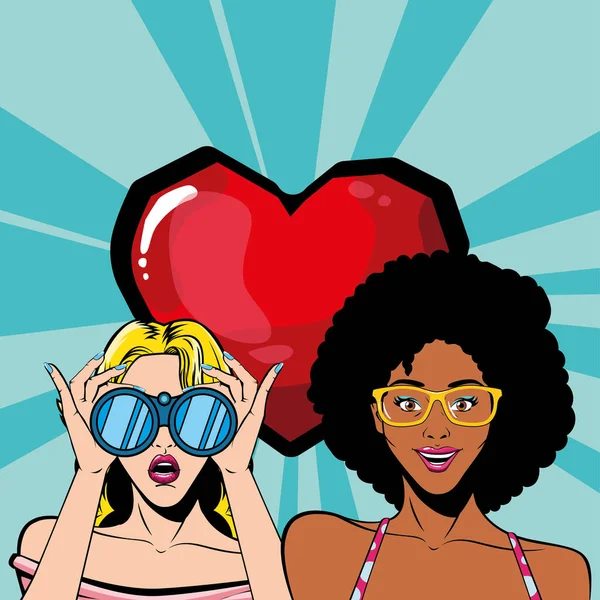 Dibujos animados de mujeres retro rubias y afro con prismáticos y diseño de vectores cardíacos — Vector de stock