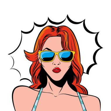 retro kızıl saçlı kadın çizgi filmi gözlüklü ve patlama vektörü tasarımlı