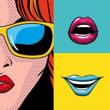 vektör tasarımının içinde ağız ve göz olan retro kızıl saçlı kadın çizgi filmi