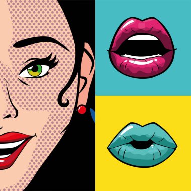 Retro siyah saçlı kadın çizgi filmi. Ağzı ve gözü çerçeve tasarımında.