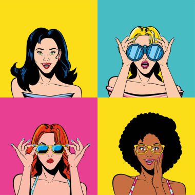 Çerçeve tasarımı içinde retro kadın karikatürleri