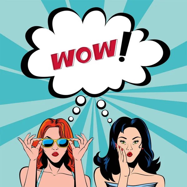 Retro preto e vermelho cabelo mulheres desenhos animados com wow bolha vetor design —  Vetores de Stock