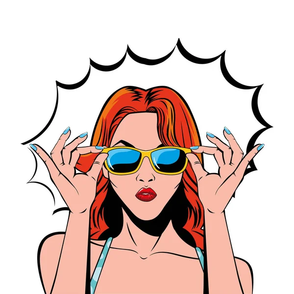 retro kızıl saçlı kadın çizgi filmi gözlüklü ve patlama vektörü tasarımlı