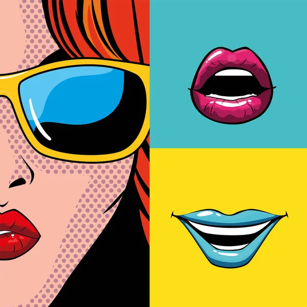 vektör tasarımının içinde ağız ve göz olan retro kızıl saçlı kadın çizgi filmi