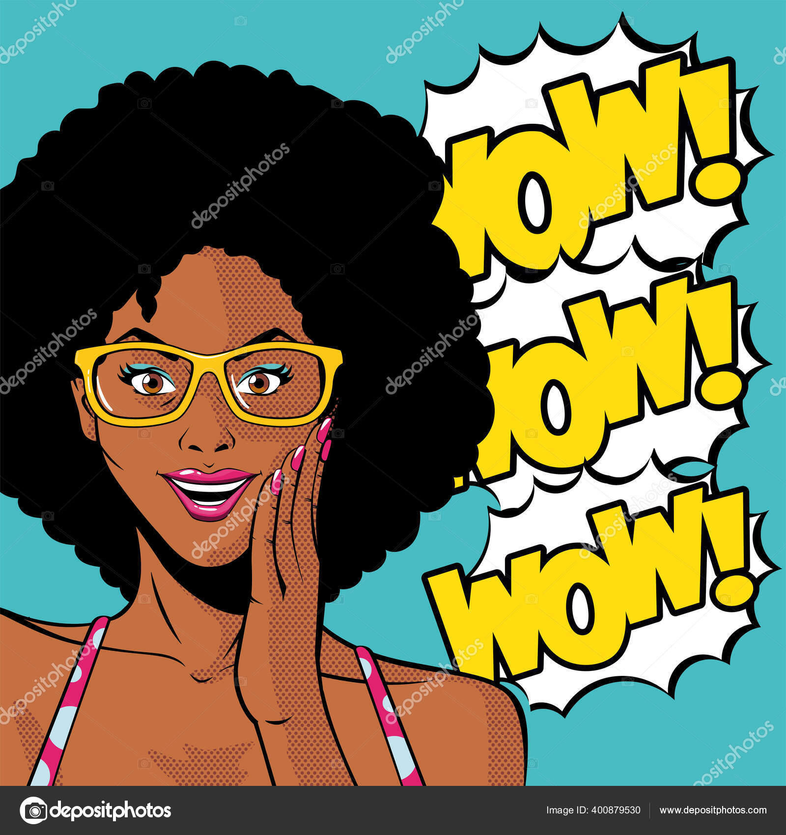 Retro negro afro mujer de dibujos animados con gafas y wow