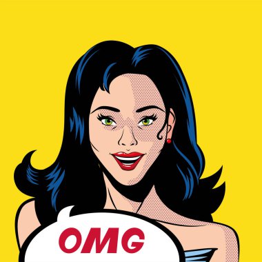Omg kabarcık vektör tasarımlı siyah saçlı kadın çizgi filmi