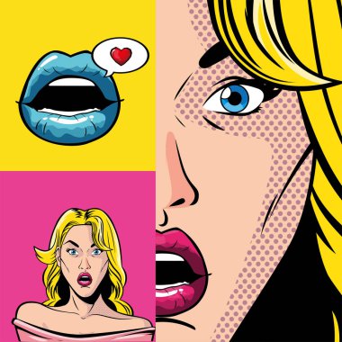 Çerçeve tasarımının içinde ağız ve göz olan sarı saçlı kadın çizgi filmi.