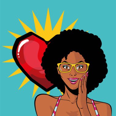 Retro siyah afro kadın çizgi filmi, gözlüklü ve kalp vektör tasarımlı.