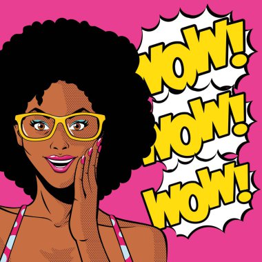 Retro siyah afro kadın çizgi film gözlüklü ve wow patlama vektör tasarımı