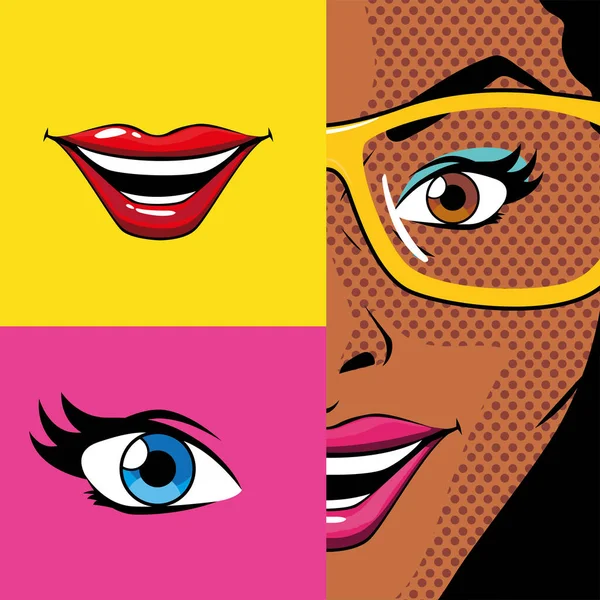 复古黑人妇女卡通片，内框矢量设计中的嘴巴和眼睛 — 图库矢量图片