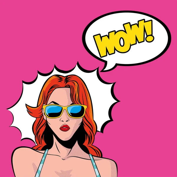 Retro rött hår kvinna tecknad med glasögon och wow explosion vektor design — Stock vektor