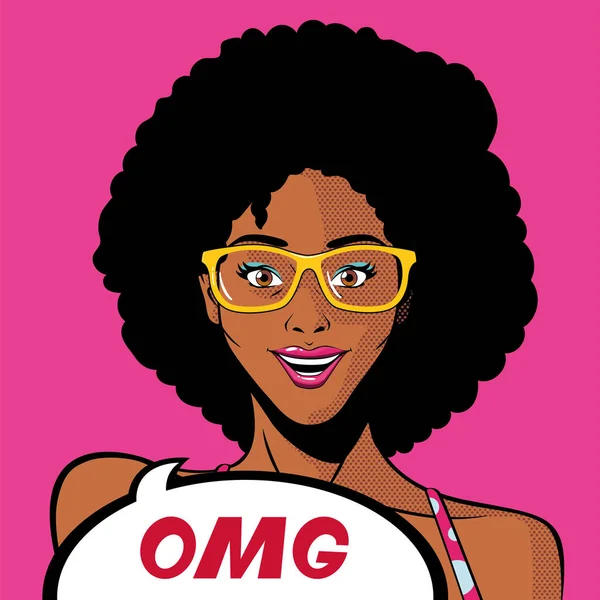 Retro svart afro kvinna tecknad med glasögon och omg bubbla vektor design — Stock vektor