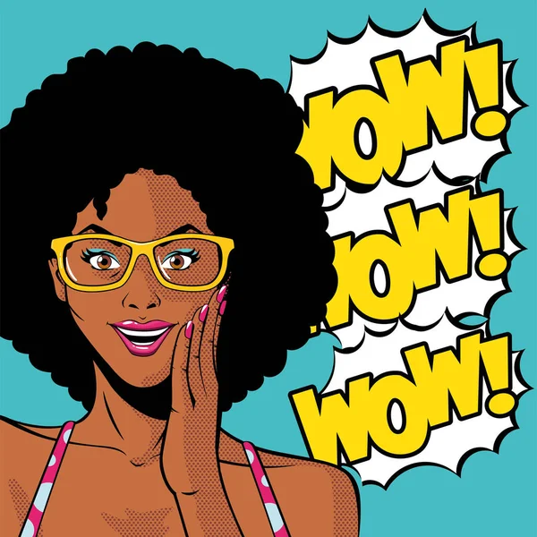 Retro negro afro mujer de dibujos animados con gafas y wow explosión vector de diseño — Vector de stock