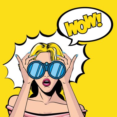 Eski sarışın kadın çizgi filmi dürbünlü ve patlama vektör tasarımlı.