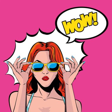 Gözlüklü kızıl saçlı kadın çizgi filmi ve patlama vektör tasarımı.