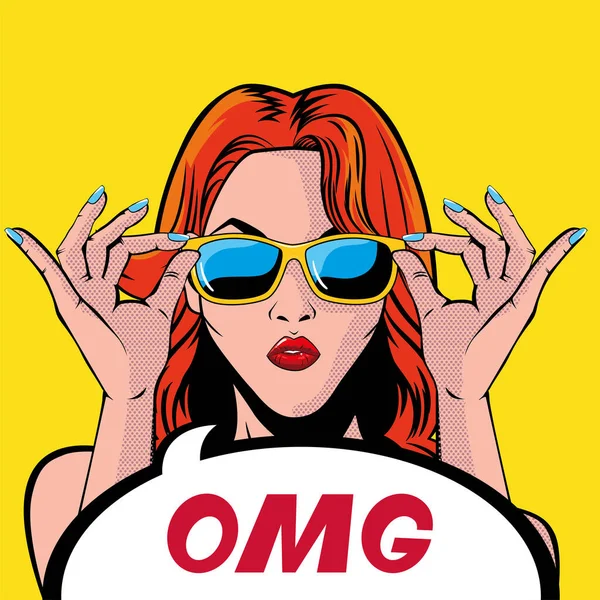 レトロな赤い髪の女性の漫画とともにオメガバブルベクトルデザイン — ストックベクタ
