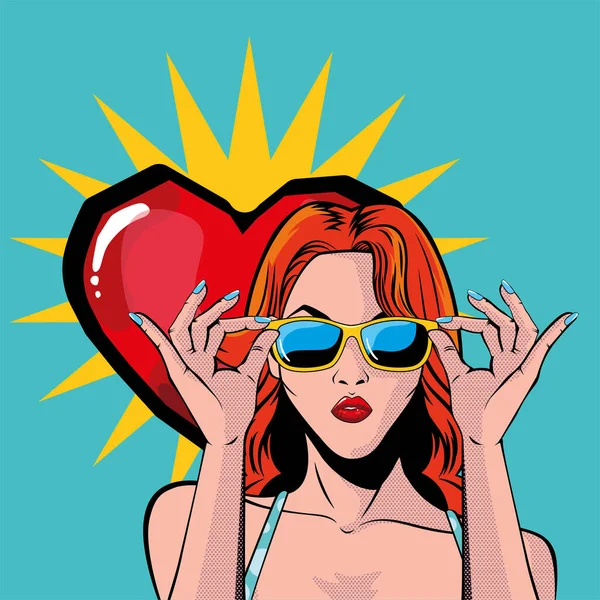 Retro rojo pelo mujer dibujos animados con gafas y corazón vector diseño — Vector de stock