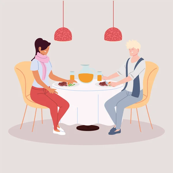 Couple having dinner in the restaurant, romantic dinner — Stock Vector