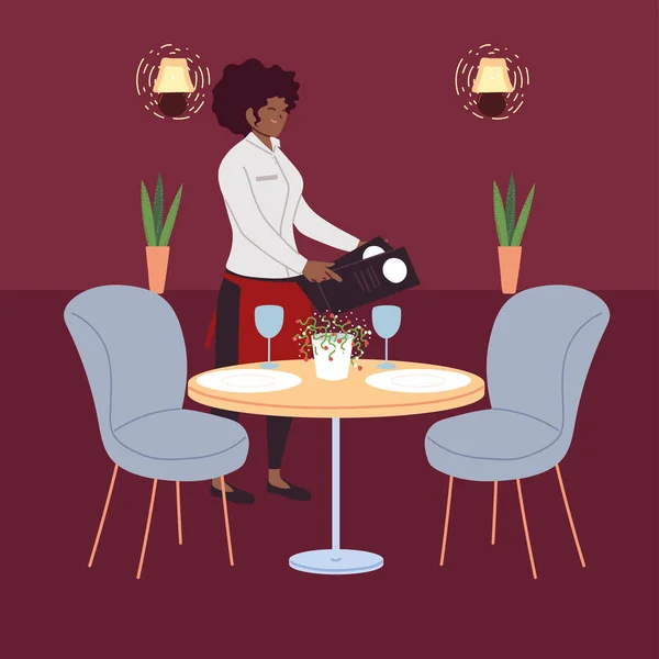 Femme serveuse en uniforme prend une commande dans un restaurant — Image vectorielle