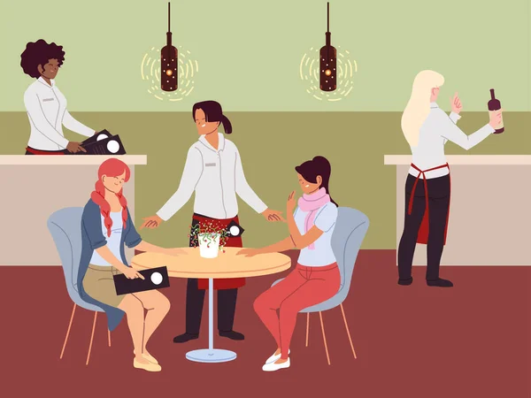 Vrouwen zitten aan tafel en bestellen eten — Stockvector