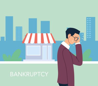 Mağaza vektör tasarımının önünde başı ağrıyan iş adamı