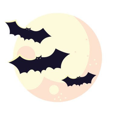 Cadılar Bayramı yarasaları ay vektör tasarımının önünde çizgi film çizerler
