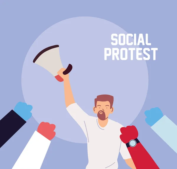 Homem em protesto social com megafone —  Vetores de Stock