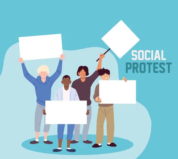 Мужчины с плакатами и мегафоном на социальном протесте — стоковый вектор