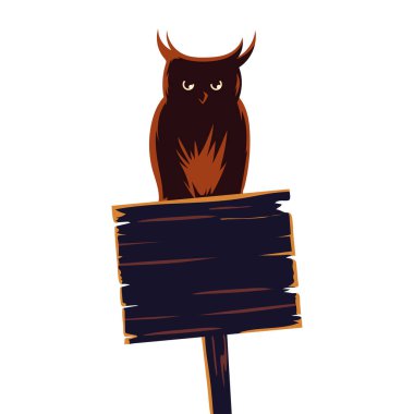 Ahşap pankart vektör tasarımında Cadılar Bayramı baykuşu çizgi filmi