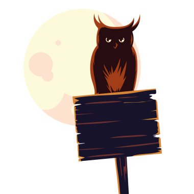 Cadılar Bayramı baykuşu çizgi filmi ahşap pankartta Ay vektör tasarımının önünde