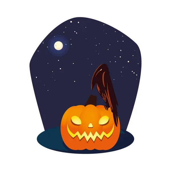 Calabaza naranja de Halloween con diseño de vectores de dibujos animados cuervo — Vector de stock