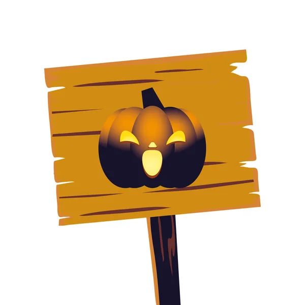 Halloween naranja calabaza de dibujos animados en madera banner vector de diseño — Vector de stock