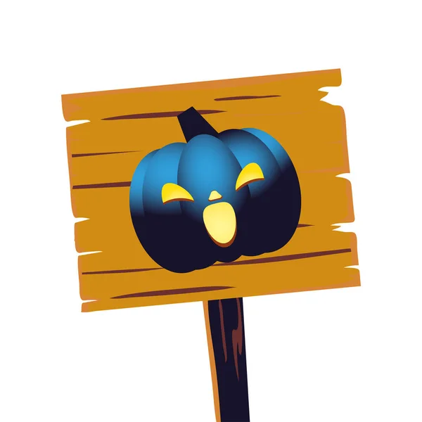 Halloween desenhos animados de abóbora azul em design de vetor de banner de madeira — Vetor de Stock